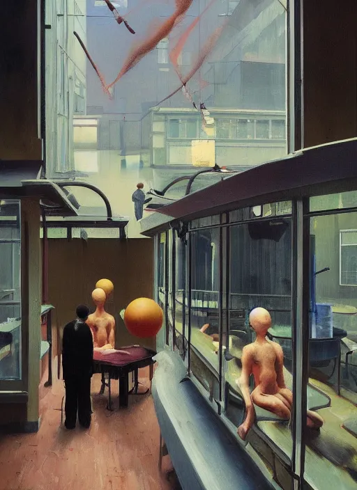 Image similar to spherical people gas masks at flooded restaurant Edward Hopper and James Gilleard, Zdzislaw Beksinski, open ceiling, highly detailed, painted by Francis Bacon, painted by James Gilleard, surrealism, airbrush, Ilya Kuvshinov, WLOP, Stanley Artgerm, very coherent, art by Takato Yamamoto and James Jean