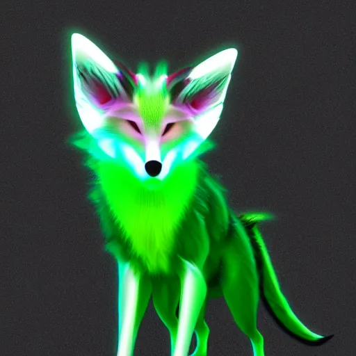 Prompt: digital neon green and white fox, retrowave palette, digital world, highly detailed, electric breeze, anatomically correct vulpine, synth feel, fluffy face, ear floof, flowing fur, super realism, accurate animal imagery, 4 k digital art