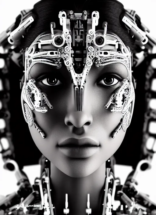 Image similar to a stunning young female cyborg profile face, face is made intricate tribal bio - mechanical, bw, unreal engine, glamor shot, nikon d 7 5 0, closeup, f / 2. 8, low contrast, 1 6 k, rim lighting, optical fiber, cinematic lighting, insanely detailed and intricate, hypermaximalist, elegant, ornate, hyper realistic,