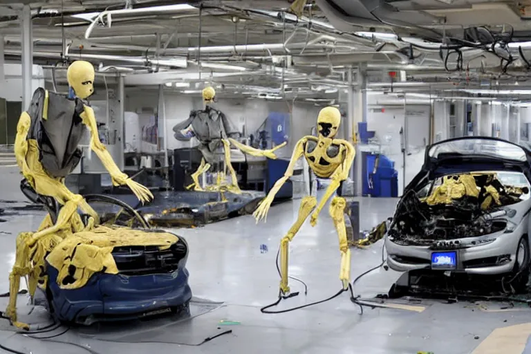 Prompt: A society where crash test dummies are sentient and live ordinary lives