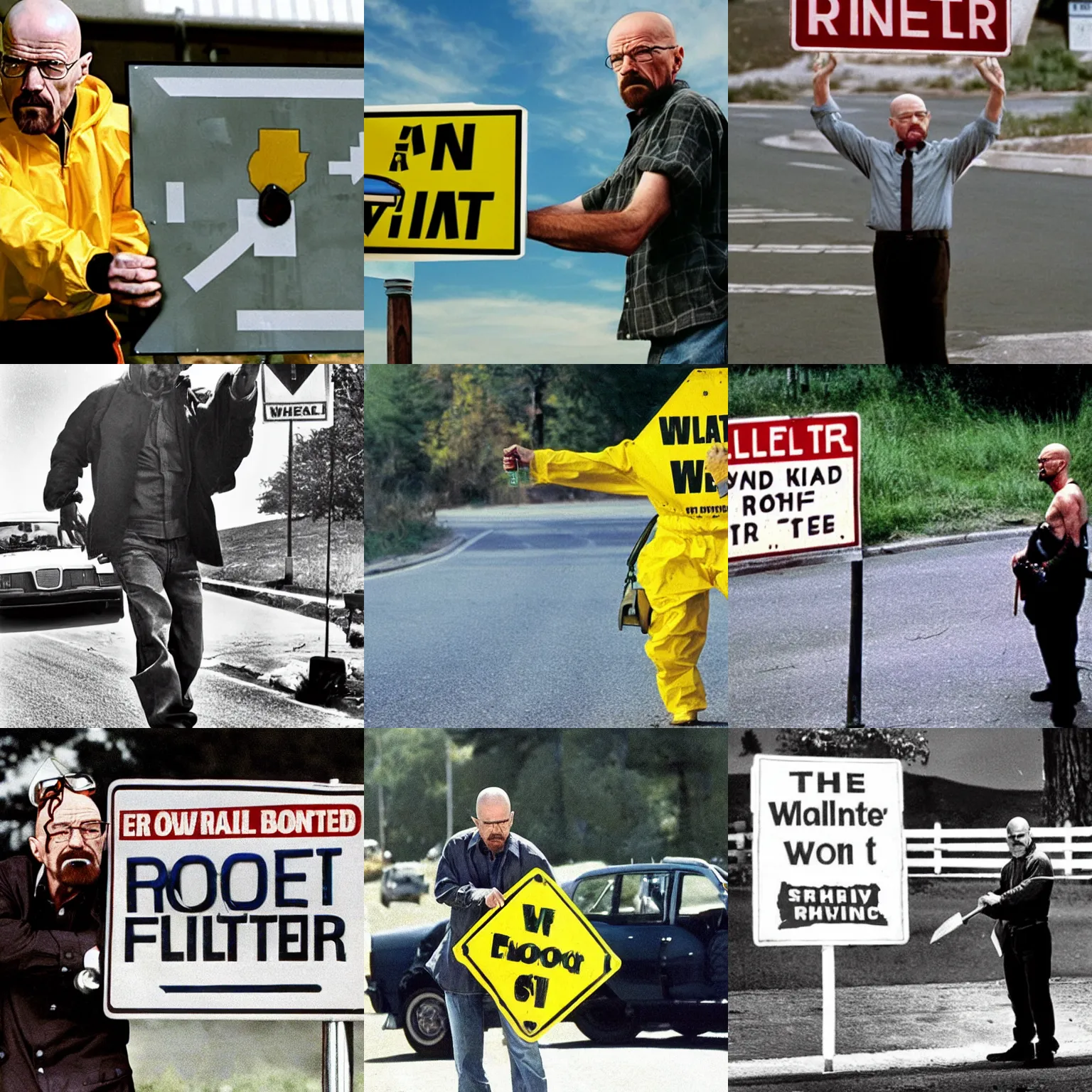 Prompt: walter white wielding a road sign in a fight