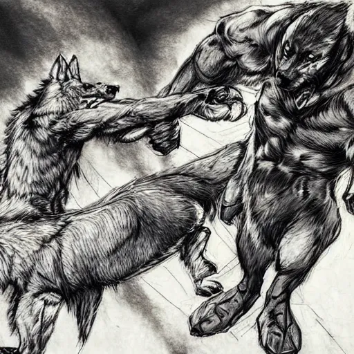 Image similar to a humanoid german shepherd beast - man wrestling with another german shepherd in the middle of an arena, pencil art, added detail, high definiton, colored, aerial viewyoji shinkawa