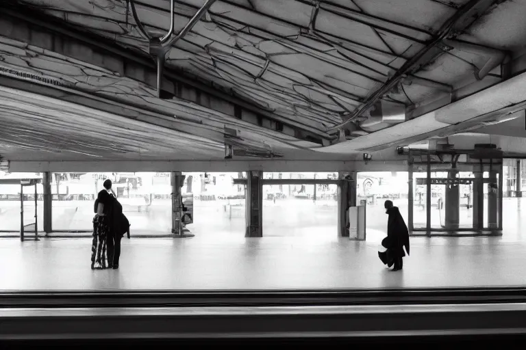 Prompt: vfx movie couple in a train station by emmanuel lubezki