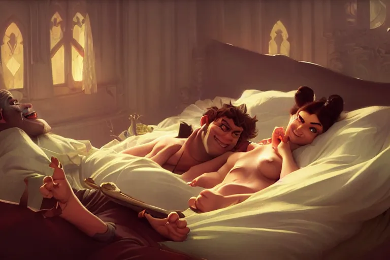 Image similar to pushkin and shrek lying in bed together, portrait, highly detailed, digital painting, artstation, concept art, smooth, sharp focus, illustration, cinematic lighting, art by artgerm and greg rutkowski and alphonse mucha