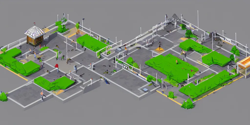 Prompt: a skatepark, 3 d isometric, level design