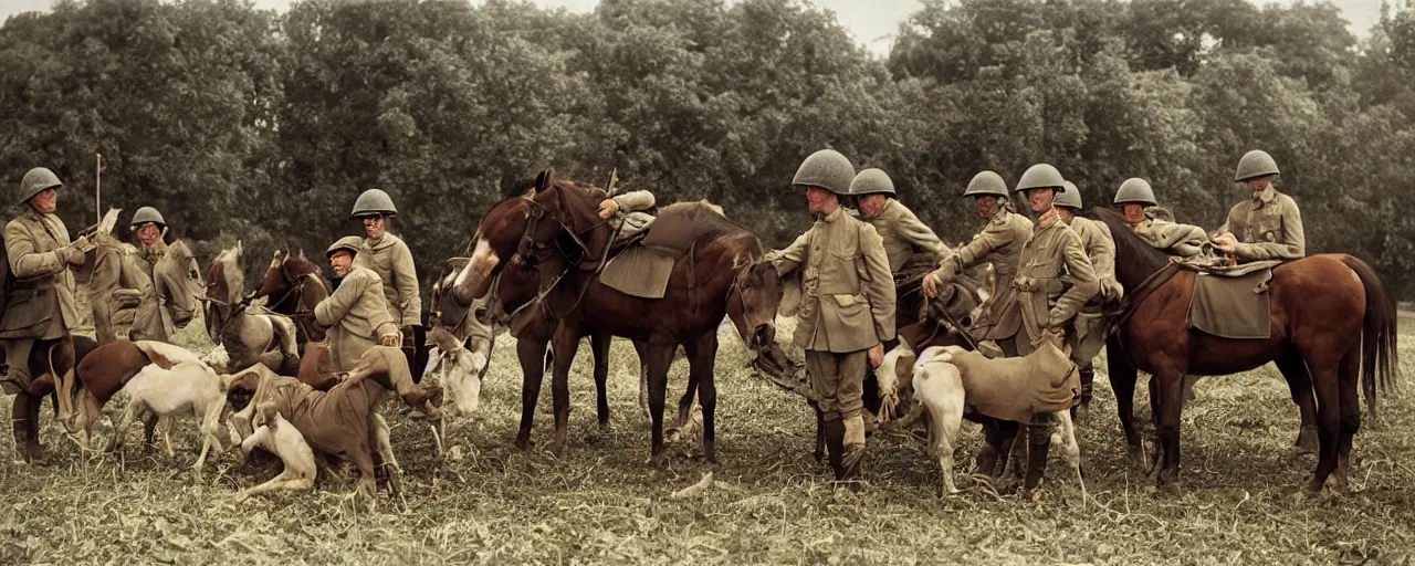 Prompt: soldiers feeding hungry horses spaghetti, world war 1, canon 5 0 mm, kodachrome, in the style of wes anderson, retro