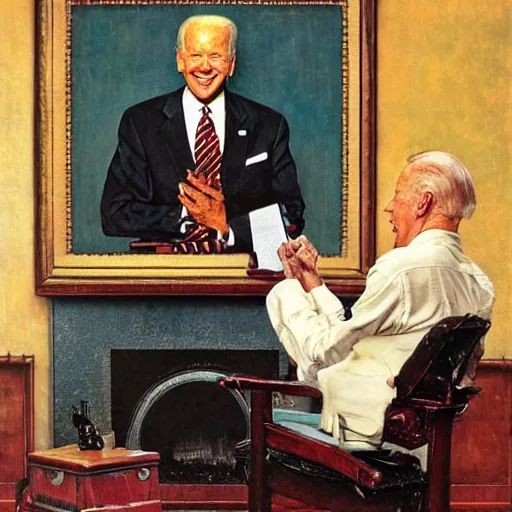 Image similar to eye level realistic portrait painting by Norman Rockwell of Joe Biden sitting in a chair. Cozy fire. Legs apart
