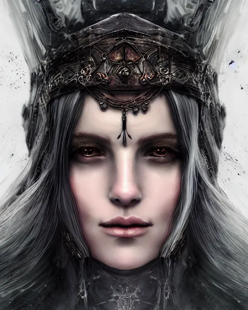 Prompt: portrait of a beautiful female witch with shimmering hair, symmetrical face and eyes, cgsociety, Elden Ring, Dark Souls, Bloodborne