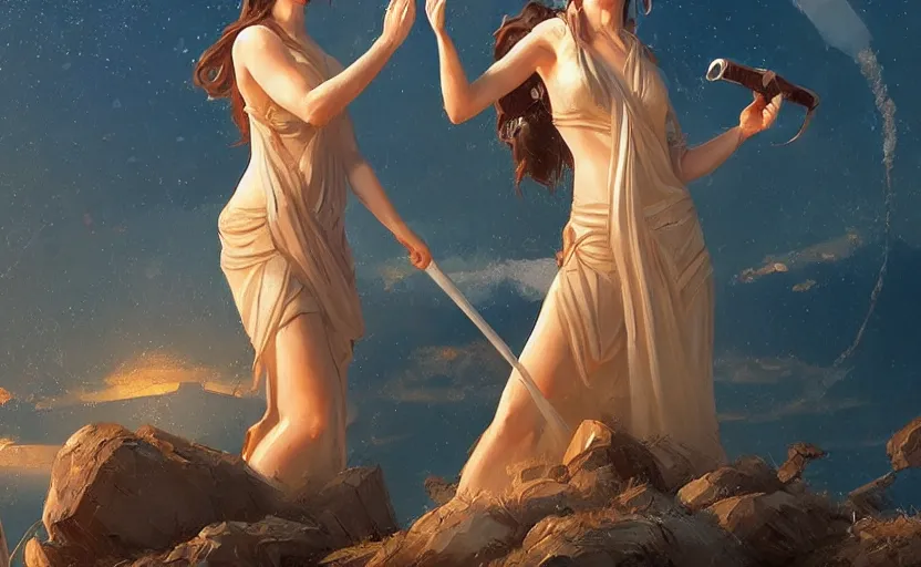 Image similar to a painting of athena and aphrodite trending on artstation in the style of greg rutkowski