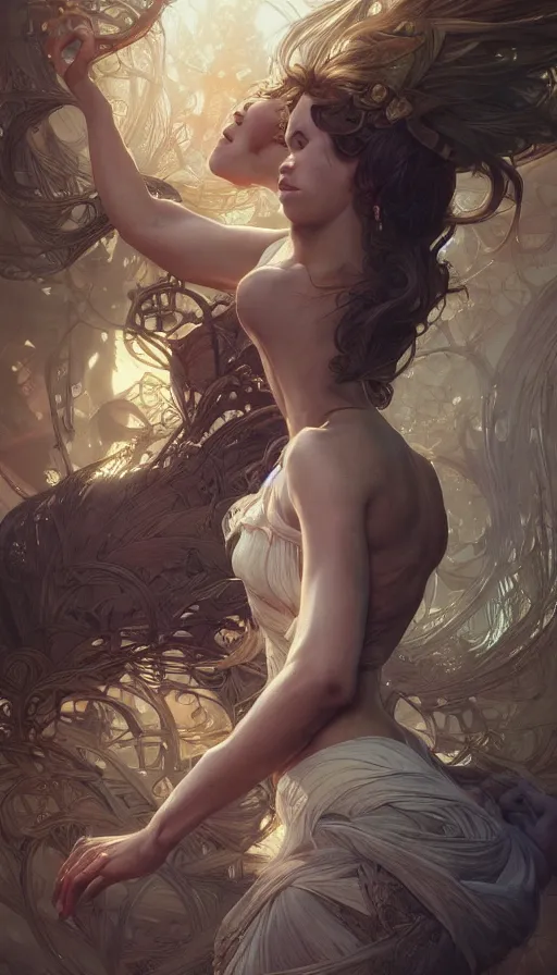 Image similar to jump, fibonacci, sweat drops, insane, intricate, highly detailed, digital painting, artstation, concept art, smooth, sharp focus, illustration, Unreal Engine 5, 8K, art by artgerm and greg rutkowski and alphonse mucha