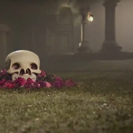 Image similar to an octopus in the shape of a skull surrounded by flowers at midnight, foggy cinematic shot photo still from movie by denis villeneuve, wayne barlowe