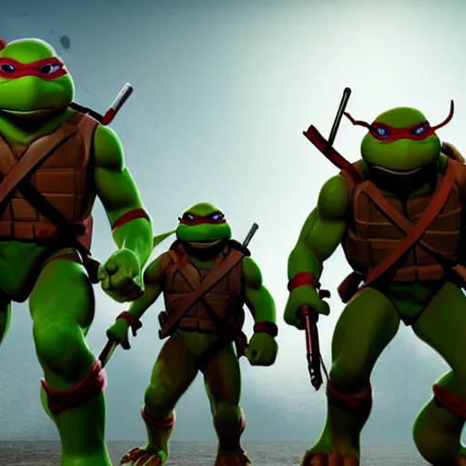 Image similar to still photo of teenage mutant ninja turtles and star wars, highly detailed, photorealistic portrait, bright studio setting, studio lighting, crisp quality and light reflections, unreal engine 5 quality render