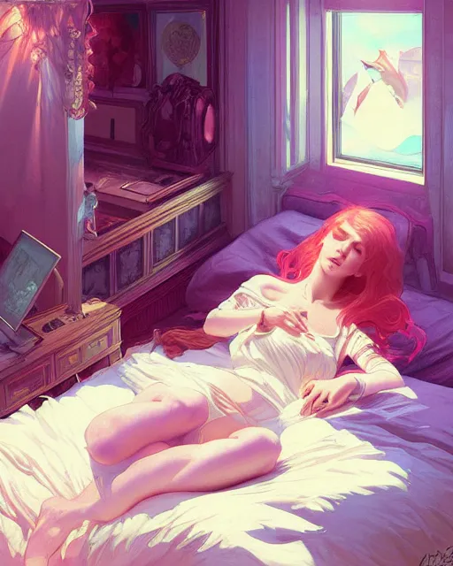 Prompt: emily rajtkowski, vaporwave, bedroom, highly detailed, digital painting, artstation, concept art, smooth, sharp focus, illustration, art by artgerm and greg rutkowski and alphonse mucha