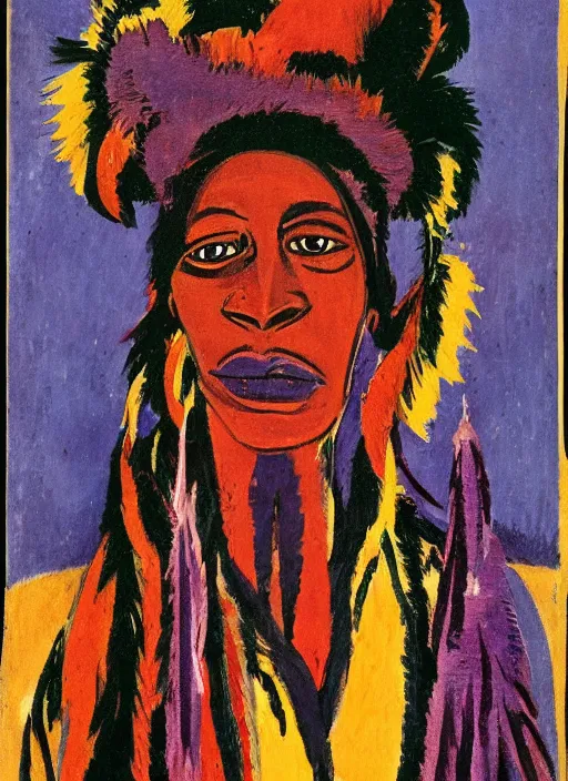 Image similar to a portrait of a voodoo shaman by Ernst Ludwig Kirchner, symbolist, soft colors, dramatic lighting, smooth, sharp focus, extremely detailed, made of feathers, aesthetically pleasing composition