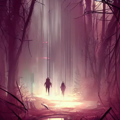 Image similar to lost in the cyberpunk forest, digital art, artstation