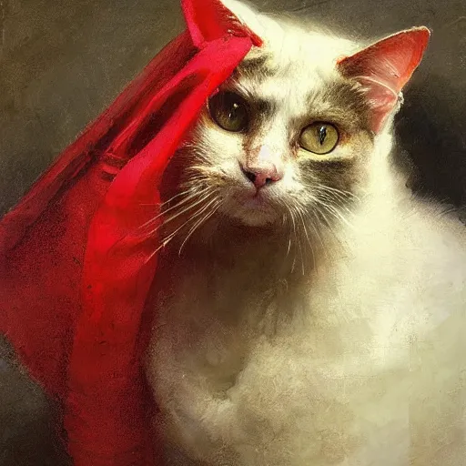 Image similar to portrait of an evil cat wearing a red cape, by jeremy mann, anders zorn.