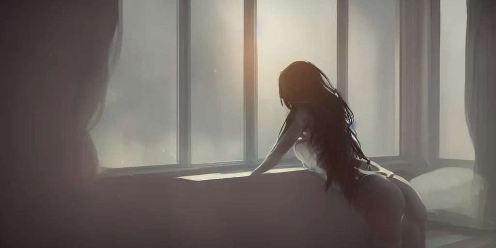 Prompt: the girl on a windowsill, hyper realistic, hyper detailed, epic lighting, cinematic, dynamic volumetric lighting, ray tracing, 8 k, glowing lights, wide shot, reality