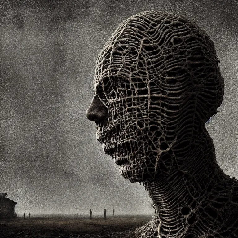 Prompt: ribbed man face portrait, covered with tubes, baroque painting, standing in a desolate empty wasteland, creepy, nightmare, dream-like heavy atmosphere, surreal abandoned buildings, beautiful detailed intricate insanely detailed octane render trending on Artstation, 8K artistic photography, photorealistic, chiaroscuro, Raphael, Caravaggio