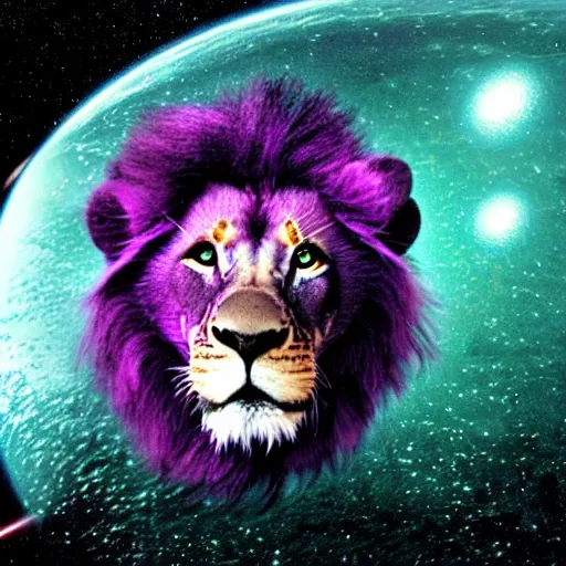 Image similar to a purple lion in space