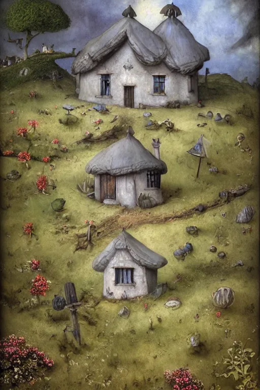 Prompt: beautiful matte painting of a cottage on a hill whimsical by brian froud and bridget bate tichenor