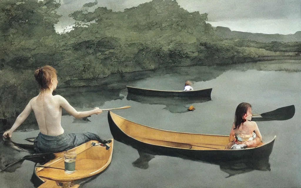 Image similar to “ a girl sitting in canoe on a river drinking beer, by andrew wyeth ”