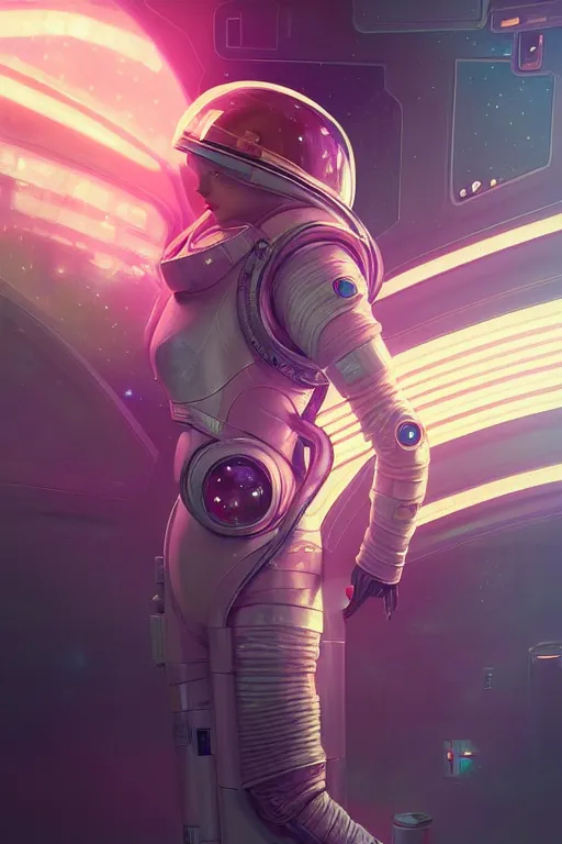 Image similar to portrait armored astronaut girl, inside spaceship command room viewing galaxy, ssci-fi neon light effect flushing and fantasy, intricate and very very beautiful and elegant, highly detailed, digital painting, artstation, concept art, smooth and sharp focus, illustration, art by tian zi and WLOP and alphonse mucha