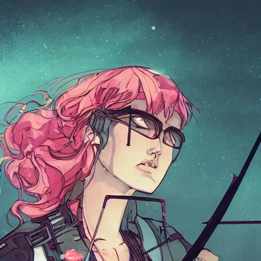 Image similar to close up, attractive sports woman in archery, arrows and bow in action, a grungy cyberpunk anime, very cute, by super ss, curly pink hair, night sky by wlop, james jean, victo ngai, highly detailed