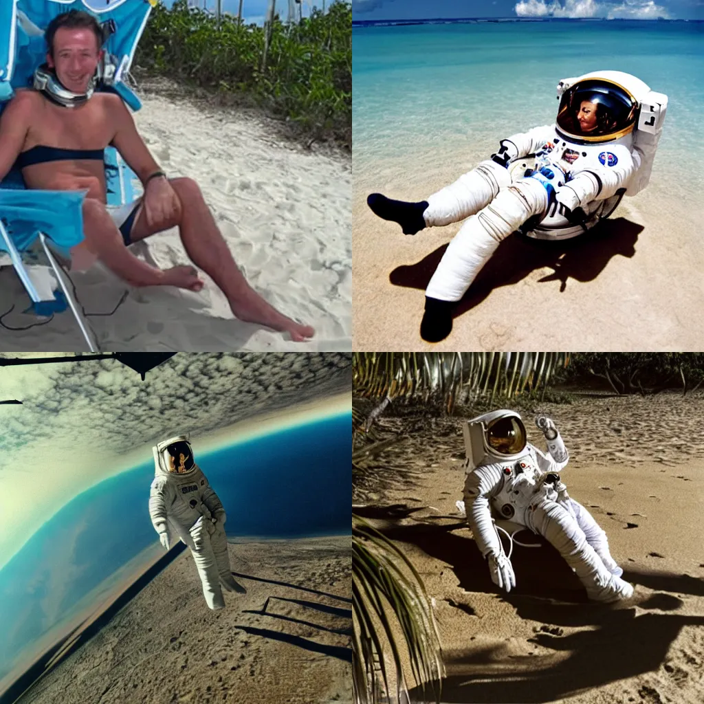 Image similar to footage of an astronaut lounging in a tropical beach