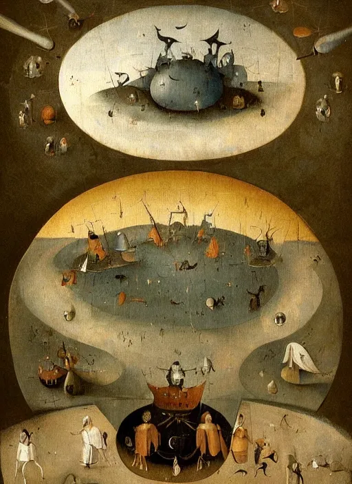 Prompt: disc-like floating objects in the sky painted by hieronymus bosch, detailed digital art, trending on Artstation