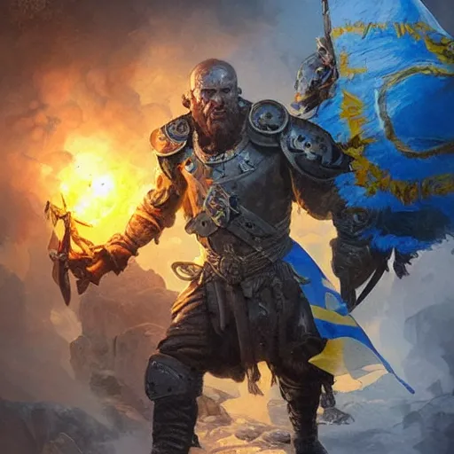 Image similar to Ukrainian warrior with Ukrainian blue and yellow flag successfully fights russian and soviet orcs, epic, intricate, highly detailed, digital painting, artstation, concept art, smooth, sharp focus, illustration, evil, horrifying, art by artgerm and greg rutkowski and alphonse mucha