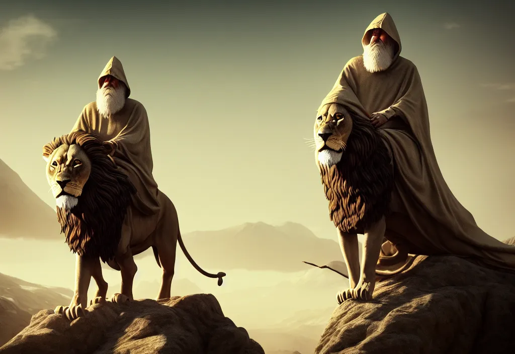 Prompt: a hooded wise lonely old man with a long white beard wearing a brown hooded tunic, the man riding is on the lion, the wise man is riding on top, he is all alone, majestic, epic digital art, cinematic, trending on artstation, superb detail 8 k, wide angle shot, masterpiece