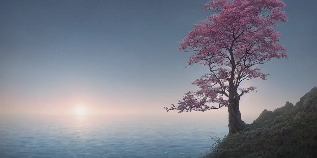 Prompt: vanishing point a single sakura tree upon a lake, viewed from afar, stephen bliss, unreal engine, illustration, fantasy art by greg rutkowski, loish, rhads, ferdinand knab, makoto shinkai and lois van baarle, ilya kuvshinov, rossdraws, tom bagshaw, global illumination, radiant light, minimalist, detailed and intricate environment