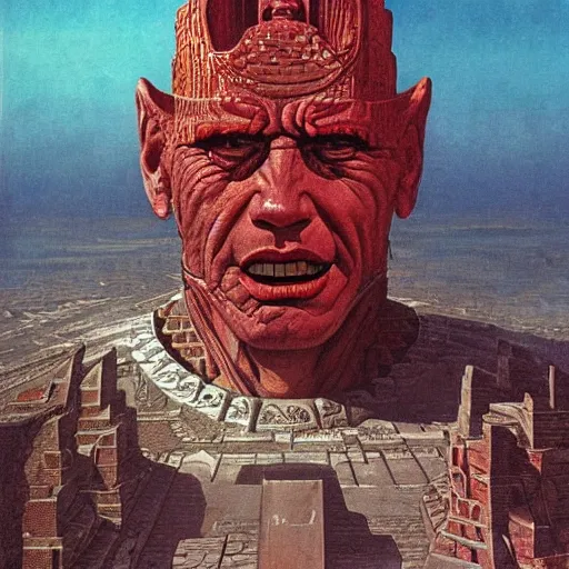 Image similar to giant mayan joe biden!!!!!!!!!!!!!!!!!!!!!!!! with flaming eyes standing over city, perfectly clear face, by j. c. leyendecker and beksinski