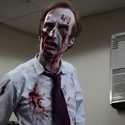 Prompt: film still of zombie zombie saul goodman as a zombie in better call saul, 4 k