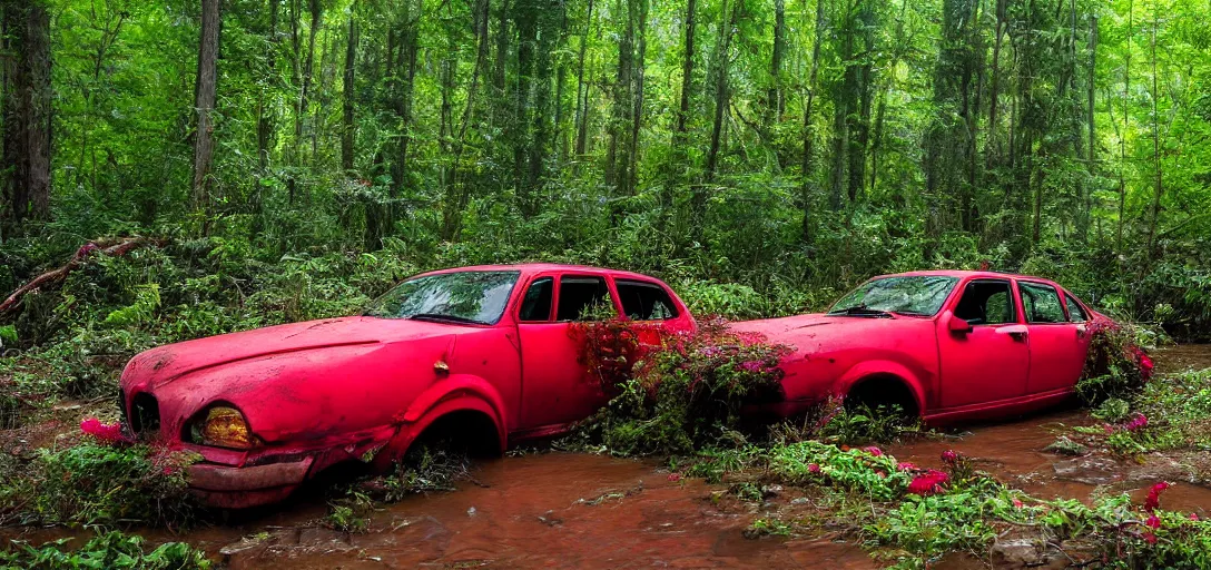 Prompt: red abandoned modern car, overgrown in a thick forest full of trees with big roots, waterlogged ground with many purple flowers, and a small bleu stream with sharp rocks