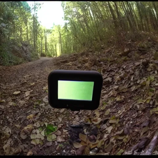 Image similar to Cookie monster caught on a trail cam, trail cam footage, wide angle lens, night vision