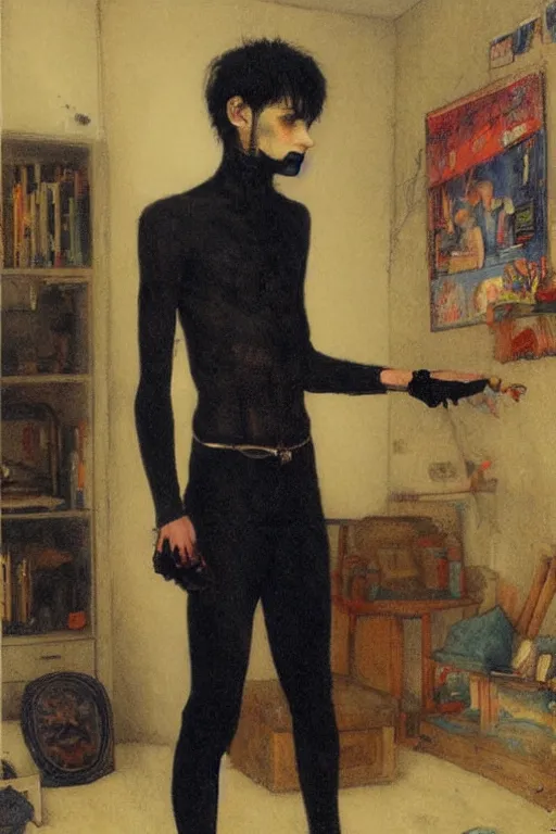 Prompt: a skinny goth guy standing in a cluttered 9 0 s bedroom, full body character concept art, vaporwave colors, jules bastien - lepage art,