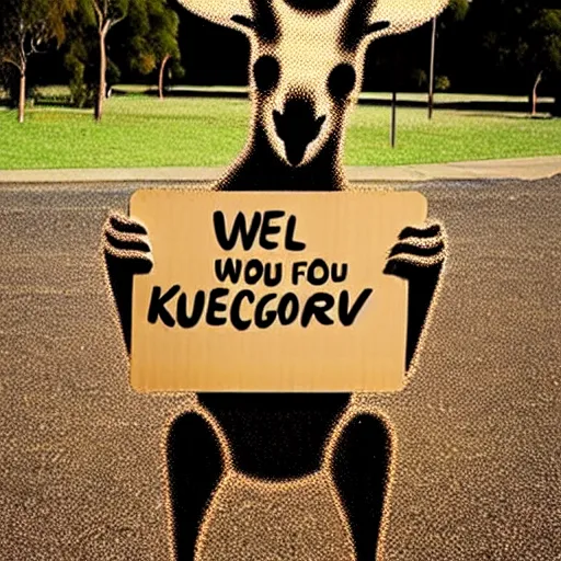 Prompt: a kangaroo holding a sign made out of steel with the phrase [ welcome to australia ] carved on it, digital art, by stefan sagmeister