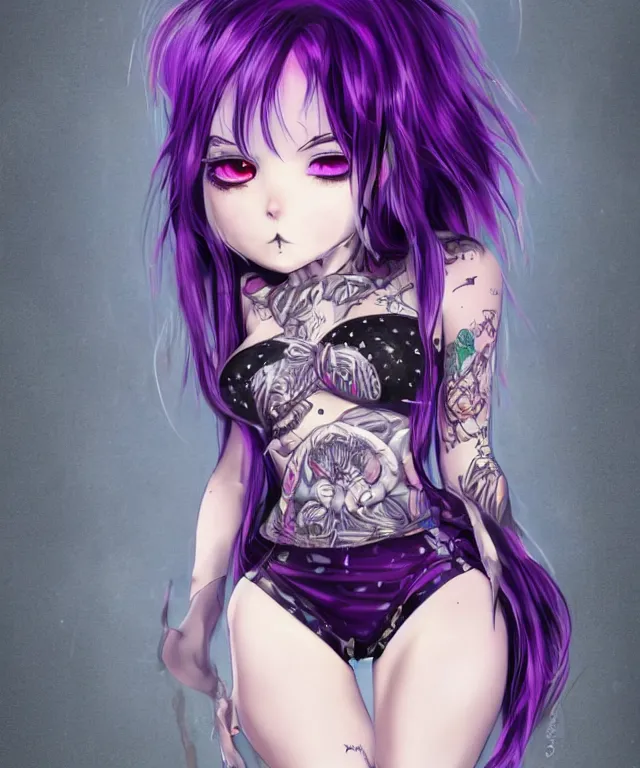 Image similar to kerli koiv anime goth girl with tattoos purple hair in mini skirt and crop top intricate, full body, extremely detailed, artstation, 8 k, sensual lighting, incredible art, wlop, artgerm