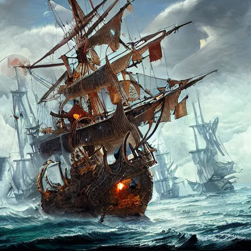 Image similar to mer people attacking a pirate ship, trending on artstation, ultra fine detailed, hyper detailed, hd, concept art, digital painting