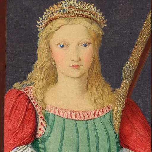 Image similar to a close up portrait of a germanic princess with blonde hair and blue eyes sitting on a wooden throne. she wears a green and red dress. highly detailed