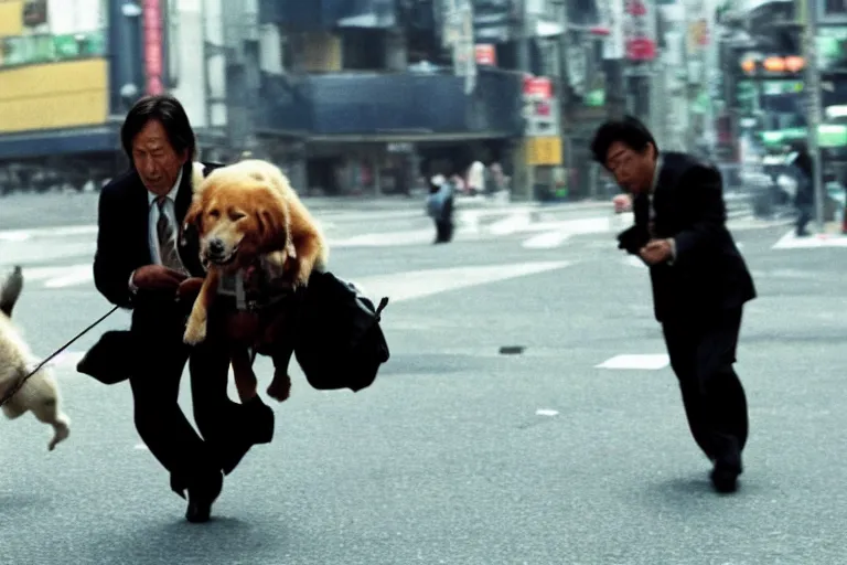 Image similar to cinematography action movie closeup portrait of a Japanese business man carrying his dog running from an explosion in Tokyo by Michael Bay