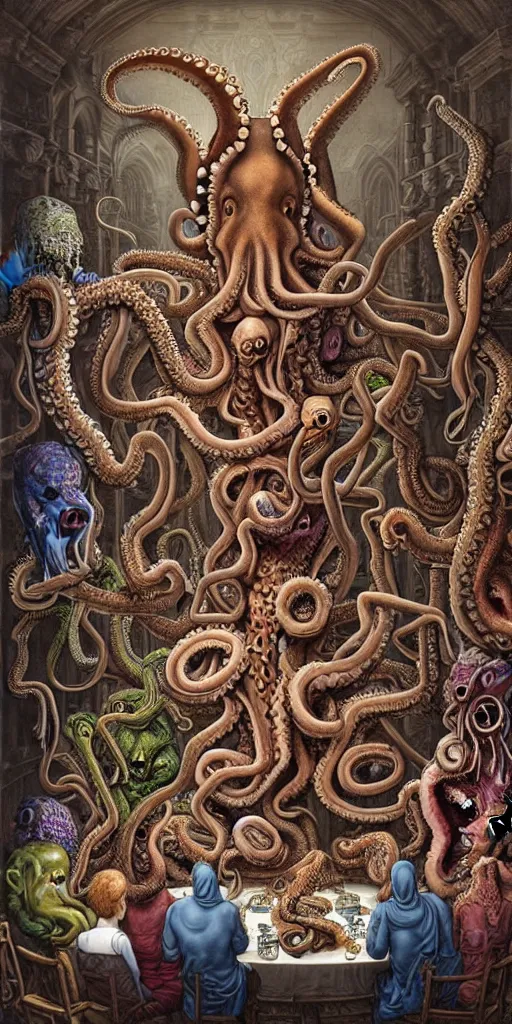 Image similar to group of humans with octopus heads arguing with mages with medusa heads they are sitting near the table in an ancient mage castle with enormous scale, gothic and baroque, brutalist architecture, ultradetailed, Intricate by James Jean and Josan Gonzalez and John Howe and Giuseppe Arcimboldo