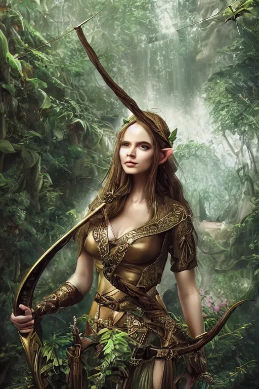 Image similar to a beautiful young woman, an elf ranger with bow and arrow, long flowing hair with hood, mostly green and brown leather pirate armor, young female face, vine like plants and jungle background, cinematic top lighting, insanely detailed and intricate, face by wlop, Charlie Bowater, golden ratio, symmetric, elegant, ornate, luxury, elite, matte painting, MTG, magic the gatheing, cinematic, cgsociety, 8k, high resolution