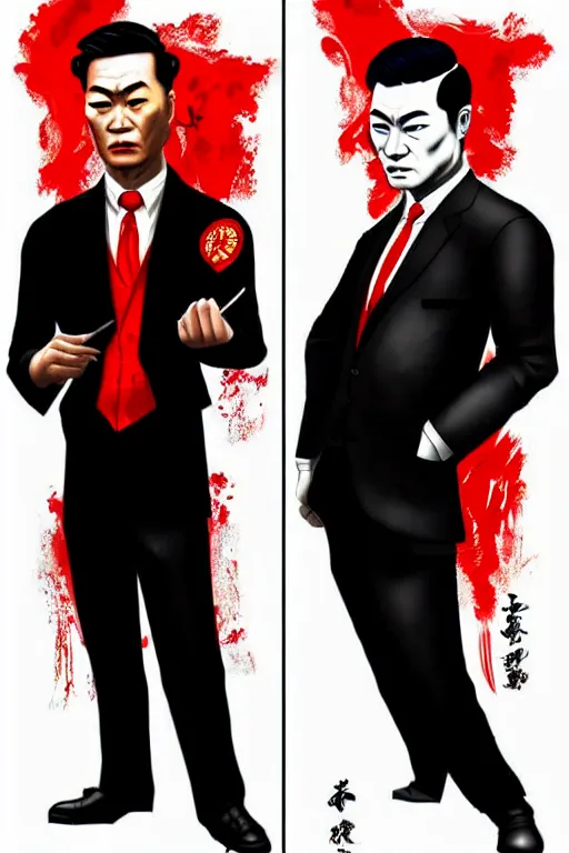 Prompt: chinnese mafia, with black suit and red tissue, some of leader have dragon tatto. digital art, concept art, pop art, bioshock art style, accurate, detailed, gta chinatown art style, dynamic, face features, body features, proportional, ultra realistic, smooth, sharp focus, art by richard hamilton and mimmo rottela