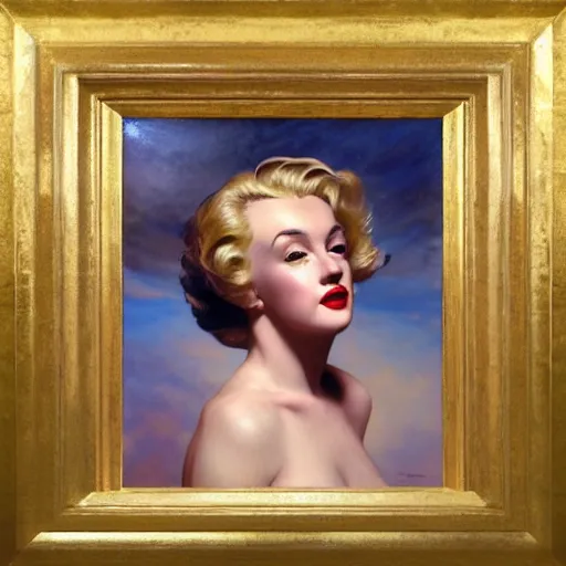 Image similar to Masterpiece head and shoulders portrait of marilyn monroe drawn by Donato Giancola and Tom Bagshaw, Edmund Leighton, Alphonse Mucha, background by James Jean and Gustav Klimt, 4k, porcelain skin, volumetric lighting, komorebi, french nouveau, trending on artstation, octane render, hyperrealistic