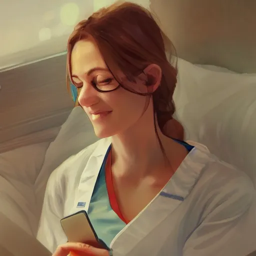 Image similar to a very beautiful female doctor in scrubs, looking at her phone, smiling, close up, laying on bed, hospital room, by greg rutkowski, trending on artstation