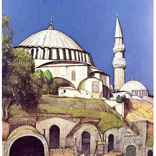 Prompt: Hagia Sofia pyramid fortress in a rustic seaside village, Tim Burton, Alan Lee