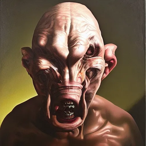 Image similar to oil painting by christian rex van minnen of a portrait of an extremely bizarre disturbing mutated man with intense chiaroscuro lighting perfect composition masterpiece strangely beautiful