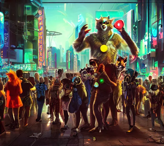 Image similar to high - resolution photograph from a cyberpunk era furry fandom convention ( midwest furfest 2 0 4 7 ), taking place after the genetic revolution and quantum singularity. photorealistic.